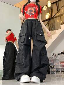 女士抽绳腰带嘻哈宽松亮片阔腿工装裤 黑色 春季 - 黑色 - 查看 3