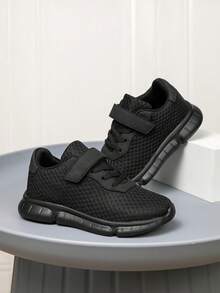 1 Pair New Kids Hook & Loop Sports Shoes, Breathable Mesh Upper, Non-Stuffy, Black, Soft Sole, Comfortable, Durable, Versatile Casual Sneakers For Boys And Girls, Ultra Lightweight, Soft Sole, Shock Absorbing - Black - View 4