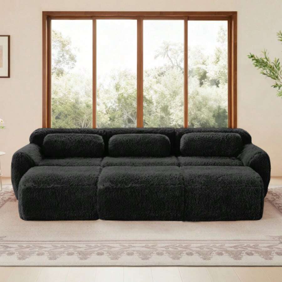 Boneless Cloud Sofas, Weicher Flauschplüsch-Stoff, Modulares Schlafsofa mit 3 Ottomans, 3-Sitzer-Sofas, Bequemes Sofa für Wohnzimmer,Schwarz - Schwarz - Übersicht 1