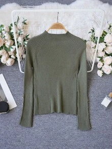 Women's Khaki Turtleneck Sweater, Metal Button Decor, Warm Knit Top For Layering, Suitable For Commute And Daily Wear, Autumn/Winter - Green - View 7