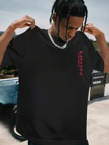 男士街头风宽松武士及英文印花圆领短袖T恤 | 精致设计 | 夏季必备 | 易于搭配 - 黑色 - 查看 2