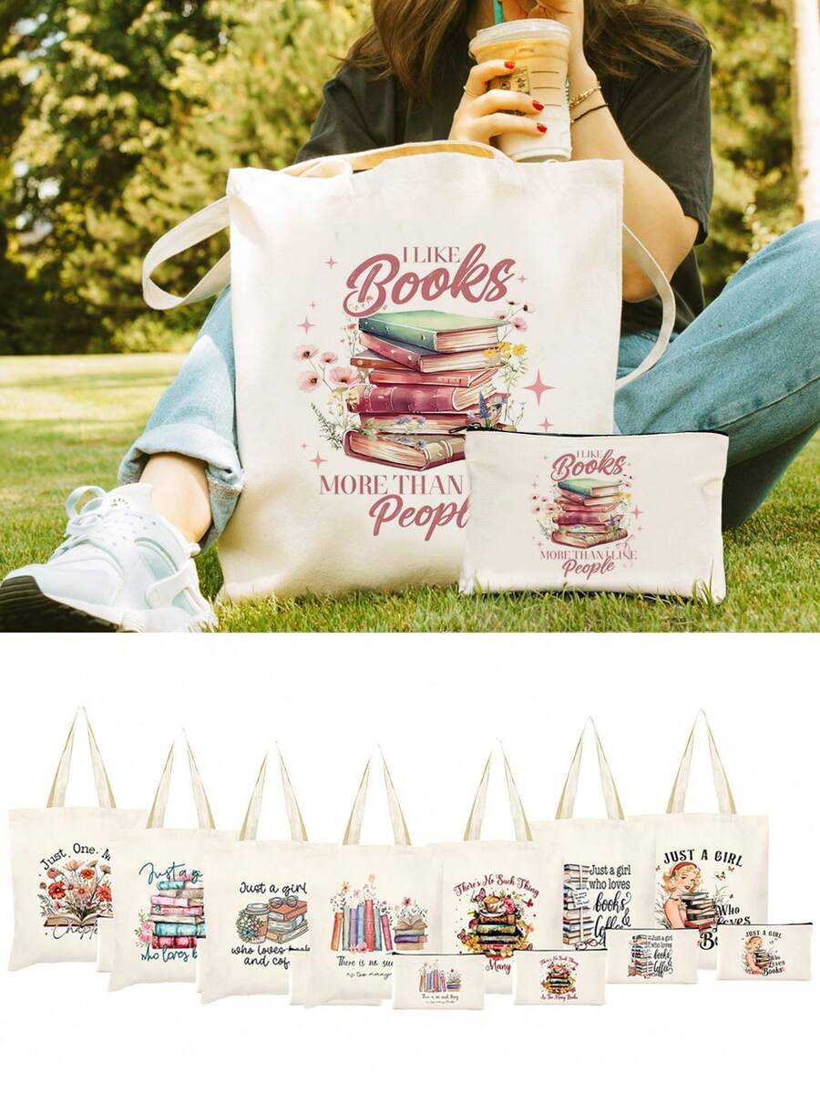 1/2pcs Set Large Capacity Beige Canvas Floral & Book Themed Printed Tote Bag And Zipper Storage Bag Set, Fashionable Floral & Book Themed Shoulder Bag, Shoulder Bag, Multifunctional Portable Travel Storage Makeup Set, Suitable For Back To School, Graduation, Travel, Birthday, Anniversary, Teacher's Day, Thank You Gifts, Essential For Students And Teachers, Great For Travel