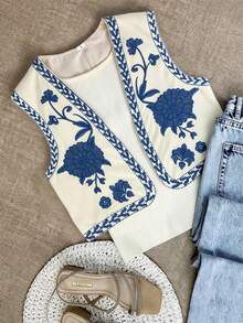 女士复古无袖夹克、迷你背心外套，春夏 - 藍色 - 查看 5