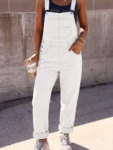 Women's Casual Denim Bib Pants - Adjustable Straps, Front Chest Pockets, Loose Jumpsuit, Soft & Comfortable Fabric - White - View 3