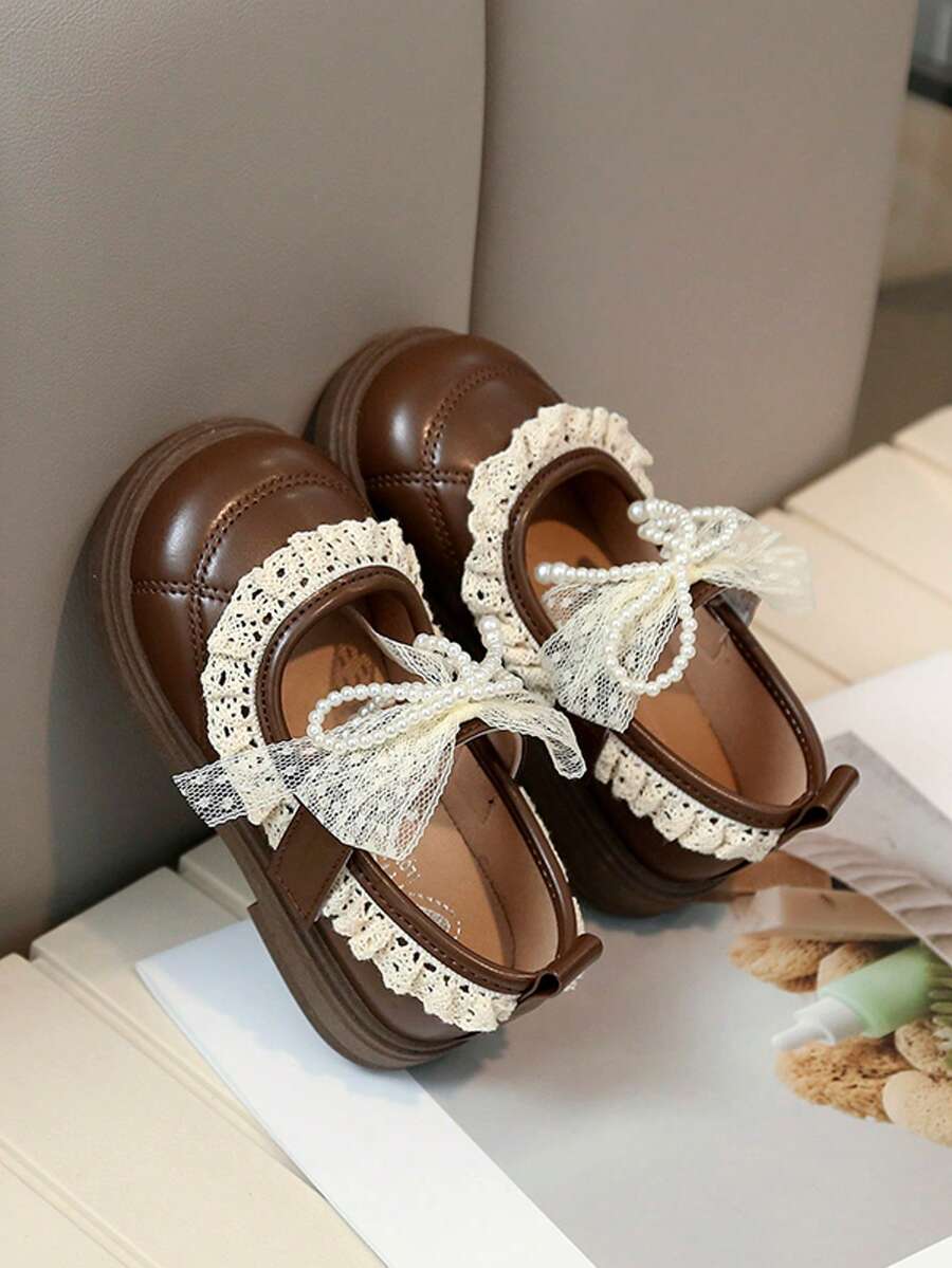 New Girls Gentle Style Small Leather Shoes With Lace Pearl Bow, Soft Sole Anti-Slip Princess Shoes, Versatile For Spring And Autumn, Student Shoes - Coffee Brown - View 1