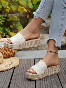 Women's Wedge Heel Rope Peep Toe Sandals, Thick Sole Platform Slip-On Slippers For Summer Outdoor Wear - Beige - View 3