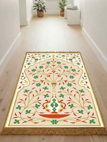 1件花卉图案带流苏边的毛毯，可水洗地毯