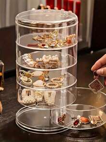 joye3-5, 5 Niveles Y 3 Niveles Caja Organizadora de Joyería Giratoria con Tapa de Acrílico y Cubierta Antipolvo - Tapa Redonda Multinivel para Aretes, Collares, Pulseras, Maquillaje - Almacenamiento Compacto para Escritorio, Tocador, Viajes - Estuche de Joyería de Lujo - Multicolor - Ver 2