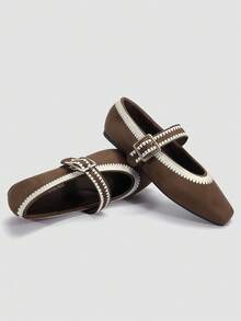 Giày bệt nữ ADAMUMU mũi vuông, kiểu dáng thường ngày, dự tiệc, công sở, có khóa dán, nhẹ, đính ngọc trai bóng, thoải mái, màu mơ. - Màu nâu  Mocha - Xem 4