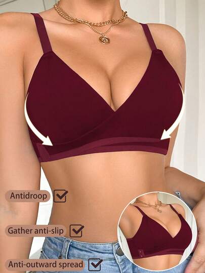 Solid Color Patchwork Front Closure Wireless Bra For Women