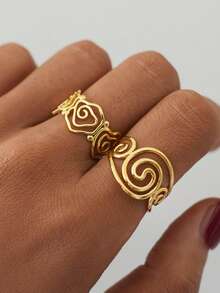 2枚/1枚 18K镀金不锈钢镂空螺旋戒指，女士款，防水，适合夏季佩戴，高品质女士珠宝，适合日常佩戴 - 彩色 - 查看 5