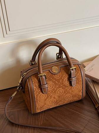 2025 New Faux Suede Boston Bag, Women's Handbag, Fashion Autumn/Winter Versatile Casual Shoulder Bag, Commute & Travel Crossbody Pillow Bag, Brown Color