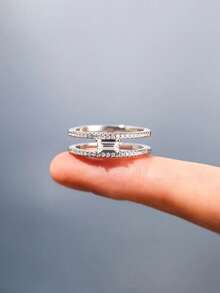 1 pieza Anillo de zirconia cúbica glamoroso para mujer para boda, compromiso, aniversario, fiesta, joyería, regalo del Día de San Valentín - Plateado - Ver 10