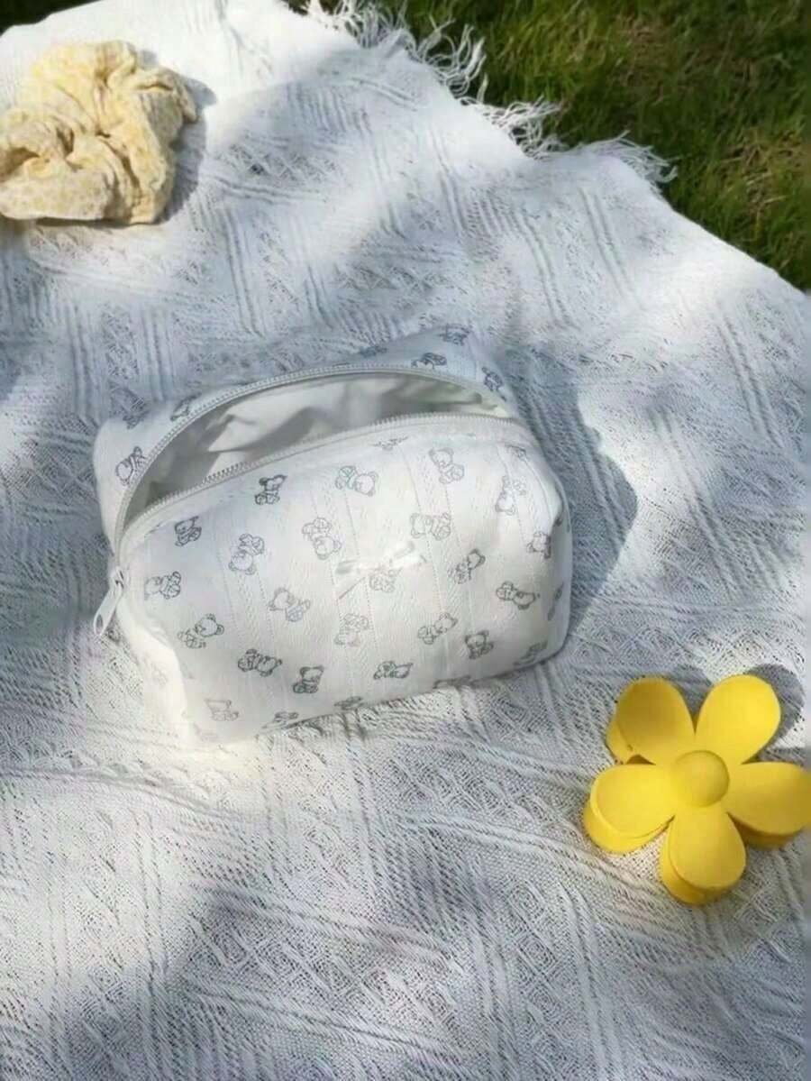 Stripped Pattern Fluffy And Soft Women Makeup Bag Travel Zipper Cosmetic Bag Storage Pouch Cute Gingham Toiletry Bag Back To School Supplies Make Up Bag - trắng - Xem 1