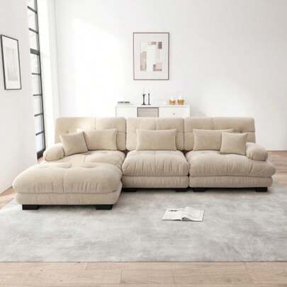 Luxuriöses Modulares Ecksofa - Übergroßes L-Formiges Cloud Couch Für Wohnzimmer, Tiefes Schlafsofa Mit Ottoman, Cord, Chenille Hellbraun