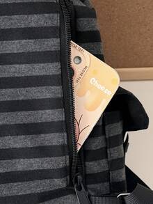 Black & White Striped Multi-Pocket Drawstring Backpack Casual Streetwear Bag School Bag Bookbag - Black - View 8