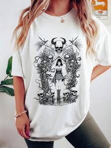Vintage Unisex Anime T-Shirt Japanese Manga Graphic Tee 100% Cotton Short Sleeve Crew Neck Dark Fantasy Horror Girl With Sword Skulls Demon Skeleton Illustration Gothic Aesthetic-4 - 白色3 - 查看 2