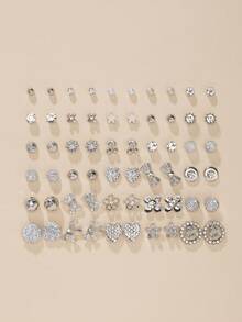 Bộ 30 đôi bông tai nữ, nhiều kiểu dáng khác nhau, bao gồm nơ, trái tim, đá quý, ngôi sao, hoa, kiểu dáng thường ngày, thích hợp làm quà tặng/đi nghỉ mát. - Bạc - Xem 6