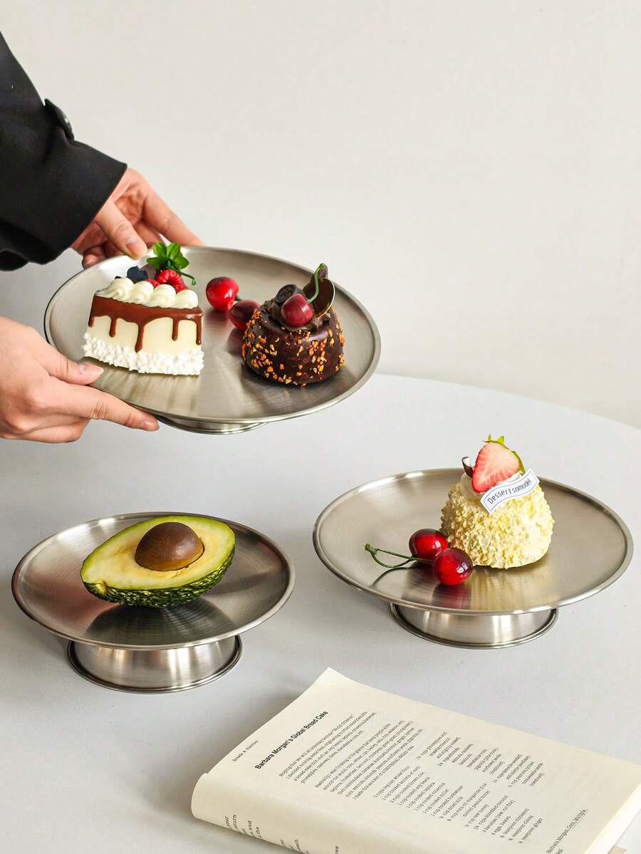 1件装豪华不锈钢小吃盘，糖果水果托盘，客厅茶几甜点架 - 銀色 - 查看 1