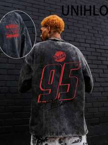 Disney UNIHLO Lightning Mcqueen Printed Summer Heavyweight Retro Washed Street Fashion Casual T-Shirt - màu đen - Xem 1