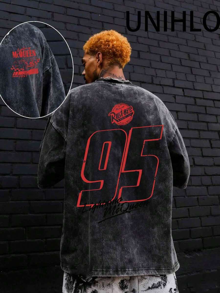 Disney UNIHLO Lightning Mcqueen Printed Summer Heavyweight Retro Washed Street Fashion Casual T-Shirt - màu đen - Xem 1
