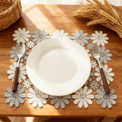 1件白色+灰色镂空雏菊花纹编织餐垫（尺寸32*40厘米），北欧风格桌面装饰餐垫，西式餐垫，咖啡桌垫，适用于餐厅装饰、派对装饰、家居装饰