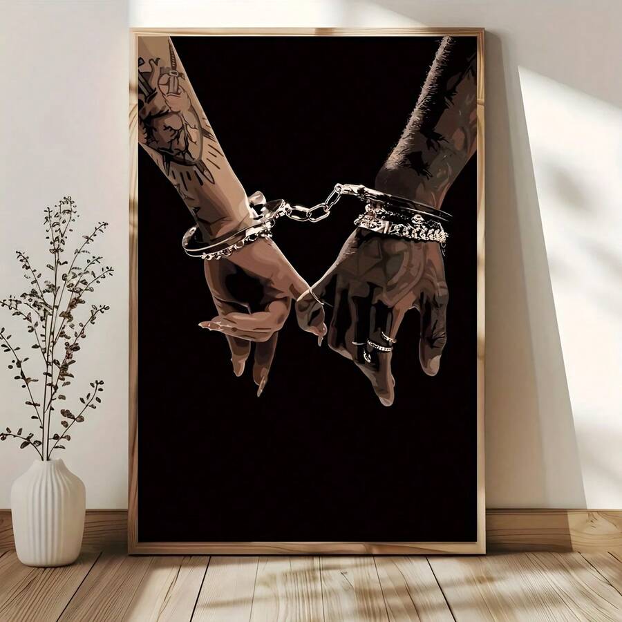 1件/套黑色手铐情侣帆布墙画 - 哥特式现代非裔美国人艺术,纹身手形爱心装饰,适用于卧室、客厅、办公室 - 无框海报艺术 - 彩色 - 查看 1