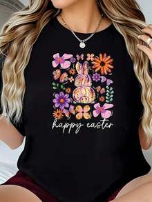 Easter Day Art-Shirt Happy Easter Day Face Bunny With Leopard Print And Bow-Shirt] Graphic Tees Men Crop Tops Couple Tee Art Outfits Men-Shirt - 黑色 1pcs WOMEN2 - 查看 1