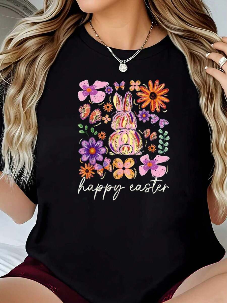 Easter Day Art-Shirt Happy Easter Day Face Bunny With Leopard Print And Bow-Shirt] Graphic Tees Men Crop Tops Couple Tee Art Outfits Men-Shirt - 黑色 1pcs WOMEN2 - 查看 1