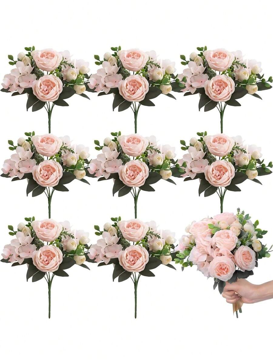 1束/3束粉色仿真绣球牡丹玫瑰花束，适合家居装饰、婚礼新娘捧花、情人节礼物 - 淺粉色 - 查看 1