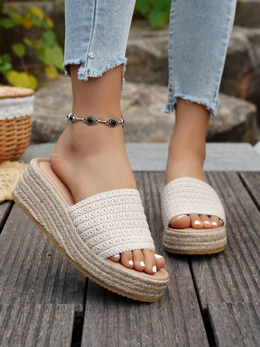 Women's Wedge Heel Rope Peep Toe Sandals, Thick Sole Platform Slip-On Slippers For Summer Outdoor Wear - Beige - View 1