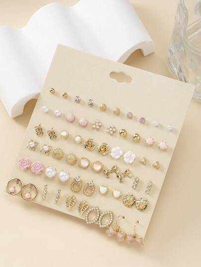 30 Pairs Rose Flower, Bow, Rhinestone, Faux Pearl, Letter Stud Earrings Assorted Styles Set For Women