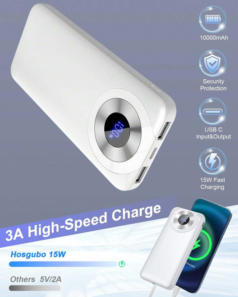 Sạc dự phòng 10000mAh sạc nhanh, có dây cáp tích hợp, 5V/3A, tốc độ sạc cao, 4 đầu ra, 2 đầu vào, màn hình LED, sạc dự phòng mỏng nhẹ cho iPhone 15/14/13, Galaxy S23/22, máy tính bảng, v.v., quà tặng ngày Valentine. - trắng - Xem 1