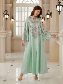 Elegant Women's Notched Neck Long Sleeve Arabian Dress, Made Of Jacquard Mesh Fabric With Vibrant Bohemian Print, Showcasing Graceful Style - NT04 - View 6