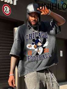 Disney UNIHLO  Rugby Printed Summer Heavyweight Retro Washed Street Fashion Casual T-Shirt - 黑色 - 查看 1