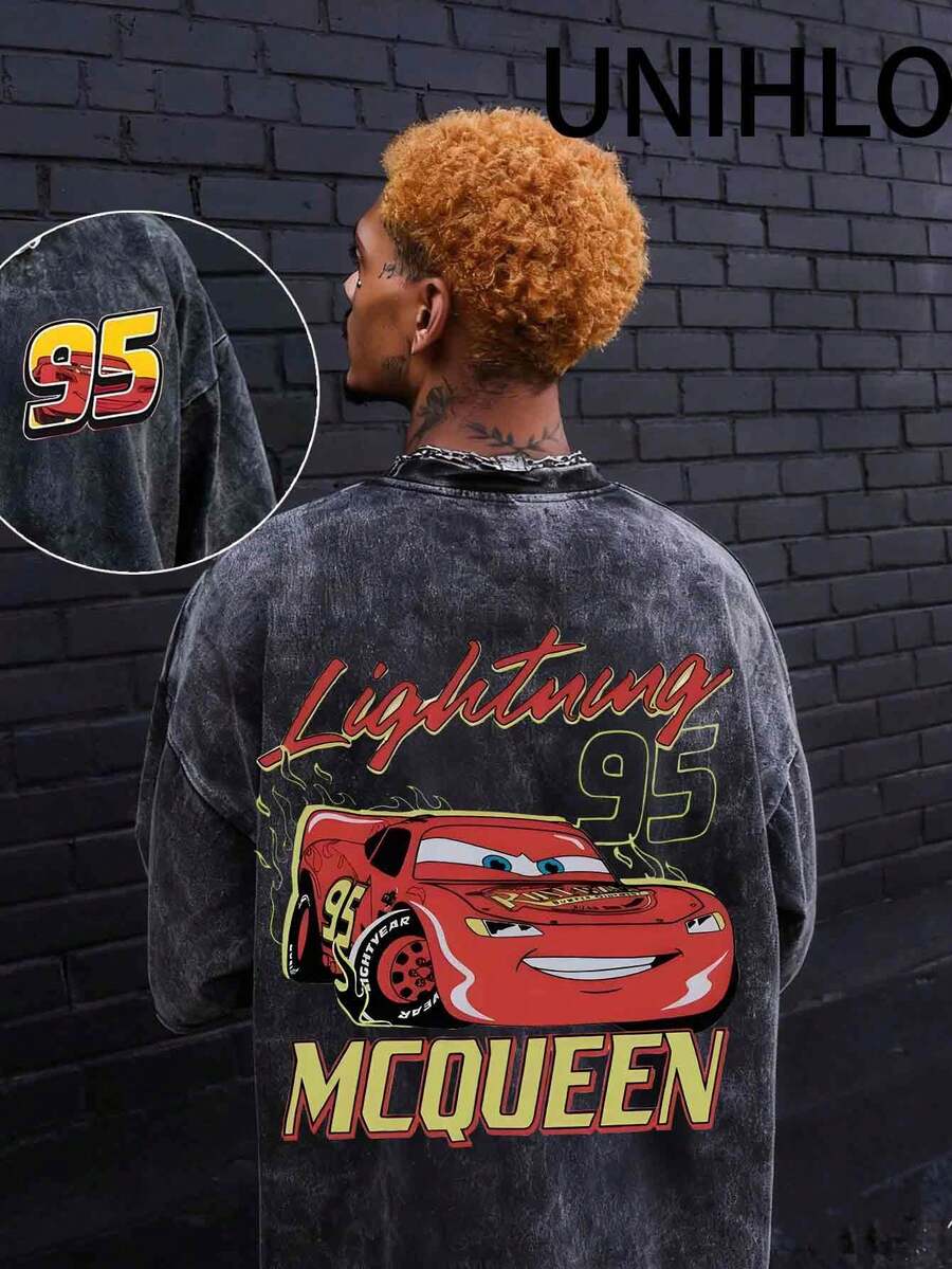 Disney UNIHLO Lightning Mcqueen Printed Summer Heavyweight Retro Washed Street Fashion Casual T-Shirt - 黑色 - 查看 1