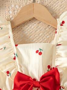Summer Baby Girls Cute Cherry Print Flutter Sleeve Red Bow Decor Dress, 6 Months - 3 Years, Suitable For Indoor And Outdoor Wear - Multicolor - View 4