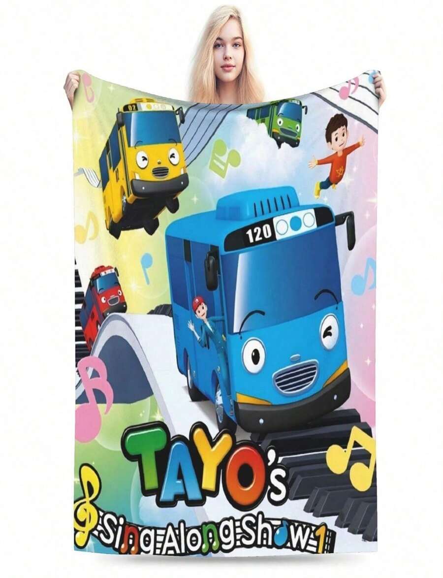Tayo The Little Bus Print Flannel Blanket - Soft And Comfortable Suitable For All Seasons Perfect For Sofas Beds Offices.JpgAll Seasons, Suitable For Living Room, Sofa, Lounge Chair And Bedroom Throw, Ideal For Travel, Camping, Gift - Style 3 - View 1