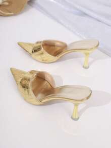 Giày sandal cao gót mũi nhọn thời trang nữ, thiết kế tối giản và thanh lịch, phù hợp cho đi làm, dự tiệc, họa tiết da cá sấu, giày cao gót da PU họa tiết động vật sang trọng, gợi cảm cho tiệc tùng, đám cưới, văn phòng, hoạt động ngoài trời, mùa xuân/hè. - Vàng - Xem 3