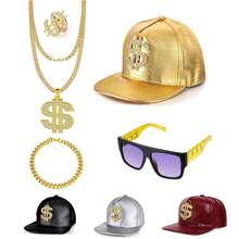 5/1pc Hiphop Exaggerated Punk Style Set, Includes Symbol Rhinestone Hat, Symbol Gold Chain Necklace Ring Bracelet, Sunglasses, Suitable For Christmas, Halloween, Valentine''s Day Street Fashion