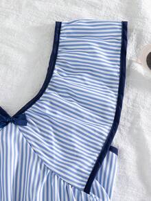 Girls' Casual Everyday Outing Fashion Striped Patchwork Bow Decor Ruffle Sleeve V-Neck Short Sleeve Knee-Length Casual Dress, Spring/Summer - Blue - View 6