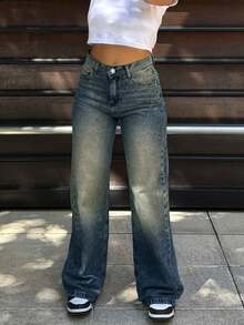 Quần jeans nữ dáng suông rộng rãi, chất liệu denim mài, thích hợp mặc thường ngày. - Màu xanh hải quân - Xem 4