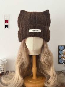 1pc Large-Fit Cat Ear Beanie, Cute Knitted Hat With Cat Ears, Thick & Warm For Autumn/Winter, Suitable For Large Head Circumference
