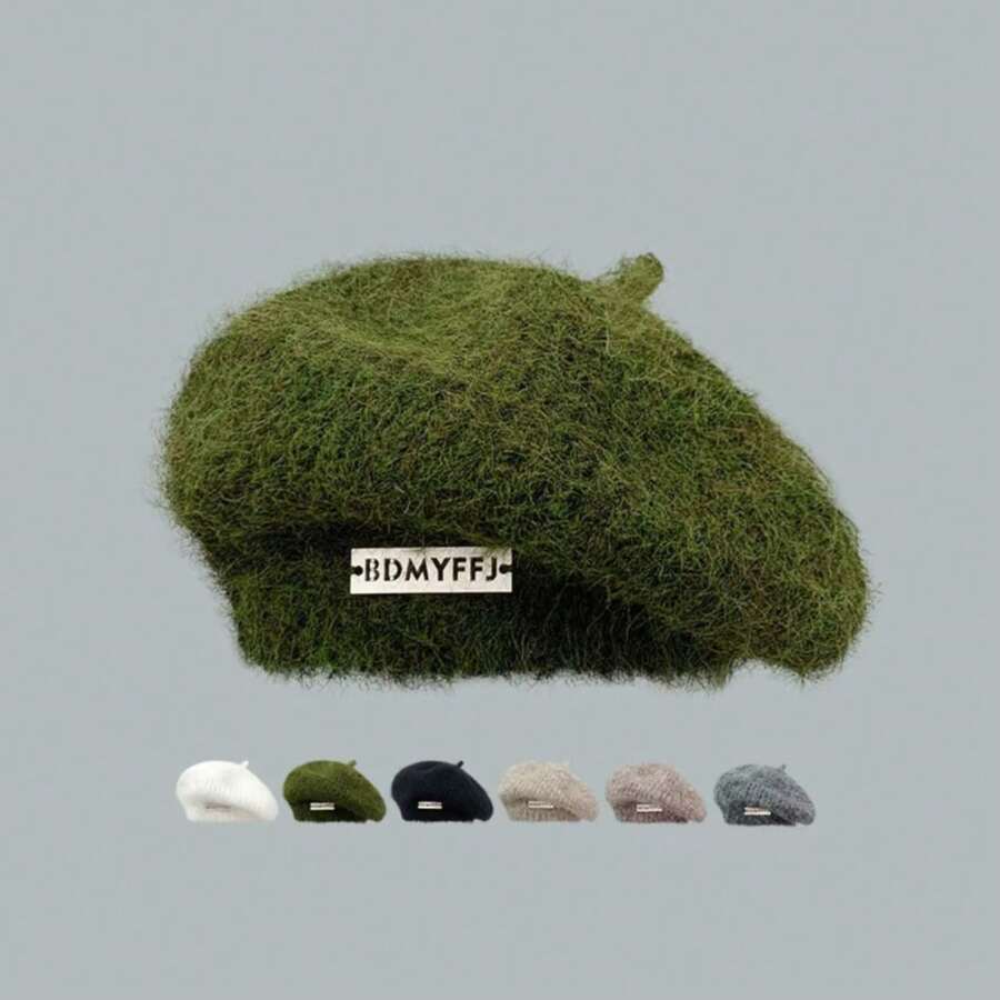 1顶女士马海毛针织贝雷帽，新款冬季设计，日式风格，百搭，大号头围，灰色针织艺术家帽 - 彩色 - 查看 1