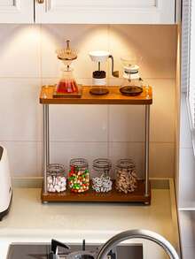 多功能三层木质置物架，厨房调料罐架兼碗碟架，加厚耐用，适用于厨房、餐厅、家庭办公室、咖啡馆等场所。