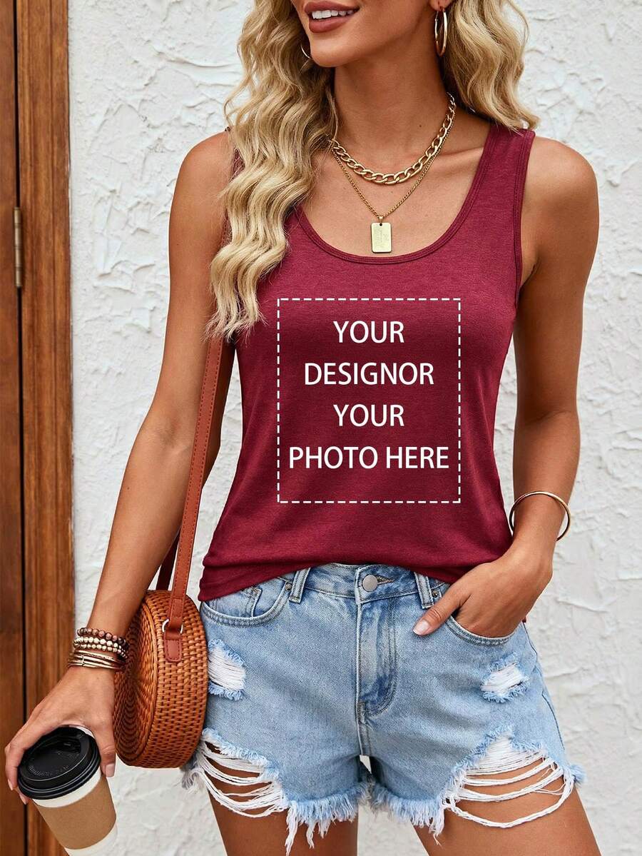 Women's Retro Casual Distressed Style Vest, A Versatile Basic Vest Suitable For Everyday Wear. Customizable Text And Graphic Prints Are Available. Summer - Red - View 1