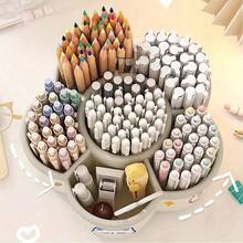 1pc Rotating Pen Holder Desk Organizer, High Capacity, Compartments, Suitable For Student, Children Desk, Creative Pen Rack, Minimalist Design, Random Sticker Pattern - Multicolor - View 3