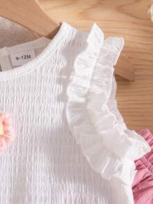 Summer Baby Girls Cute White Floral Sleeveless Top & Pink Bow Wide Leg Loose Pants Casual Outfit - White - View 7