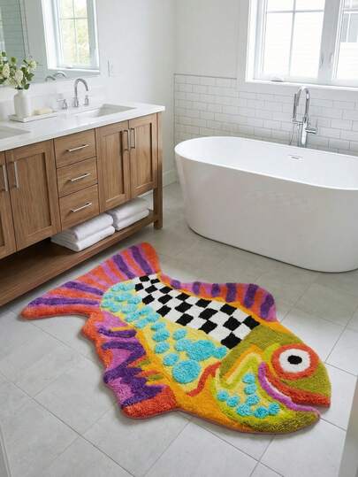 1pc Creative Colorful Ugly Fish Bath Mat, Asymmetrical Carpet-Like Absorbent Thick Shower Room Floor Mat, Bathroom Doormat, Suitable For Bathroom, Living Room, Entryway