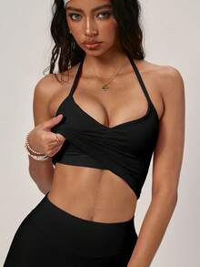 Women's One Set Fashion Stacked Collar Design Short Cropped Elastic Camisole & Pants Sportswear Set, Solid Color Versatile Spaghetti Strap Casual Backless Minimalist Camisole & Pants Workout Sets For Women, Running, Fitness, Yoga, Outdoor Activities Black - 黑色 - 查看 5
